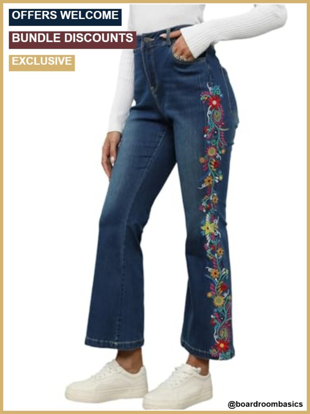 High Waisted Embroidered Bell Bottom Flare Jeans for Women